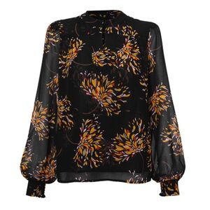 CAbi Fiesta Black Blouse with Vibrant Floral Design